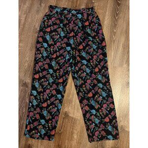 Vtg CLAUS Pants‎ Womens Sz 12 Black Floral High Rise Pleated Wide Leg 90s